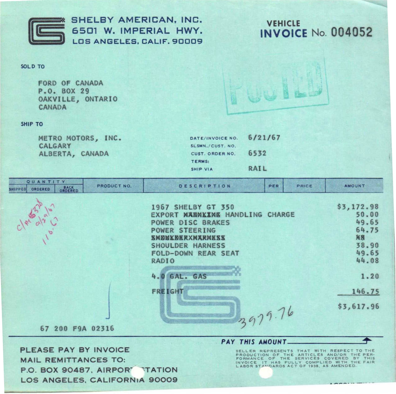 1967 Shelby GT Vehicle Invoice to Ford of Canada