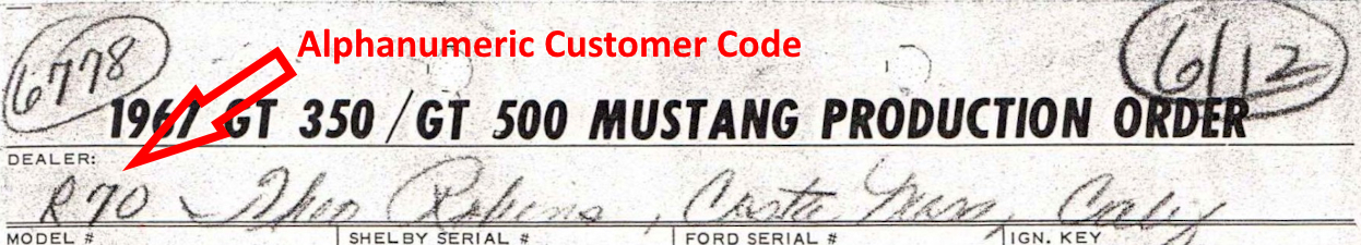 1967 Shelby GT Production Order with R70 Customer Code