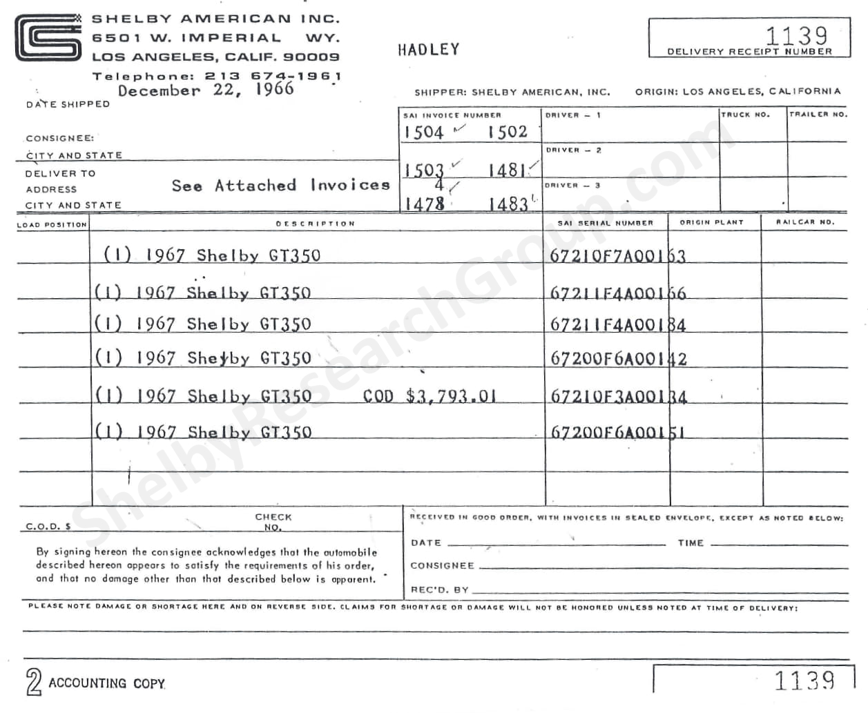 Shelby American Delivery Receipt 1139 includes a list of cars that were released to Hadley Auto Transport.