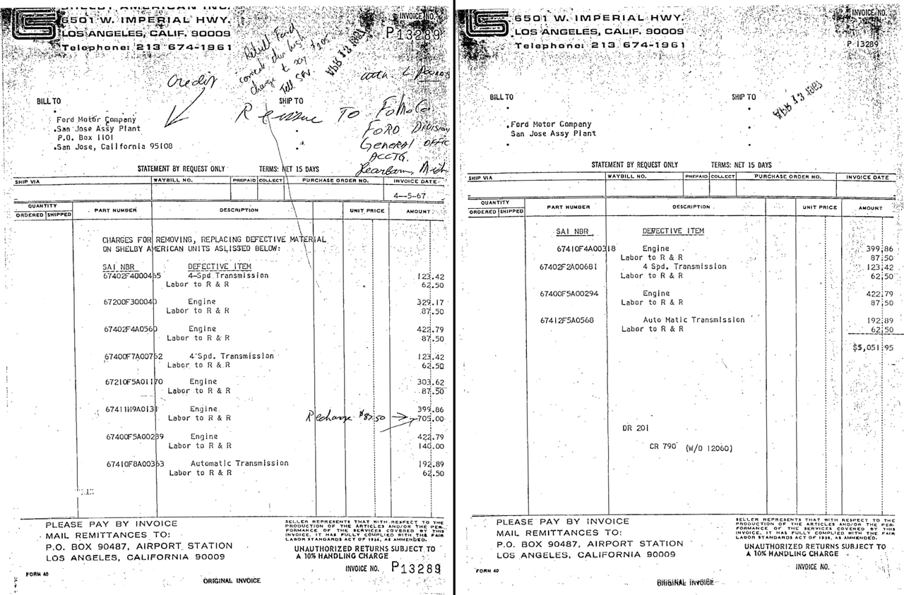 Shelby American Invoice (April 1967) to Ford for Defective Drive Train Components