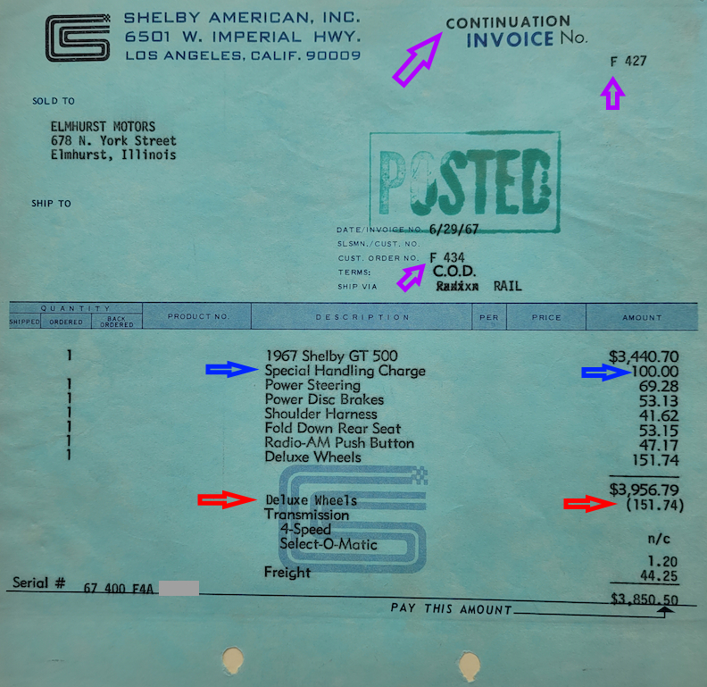 1967 Shelby GT 500 Continuation Invoice F-0427