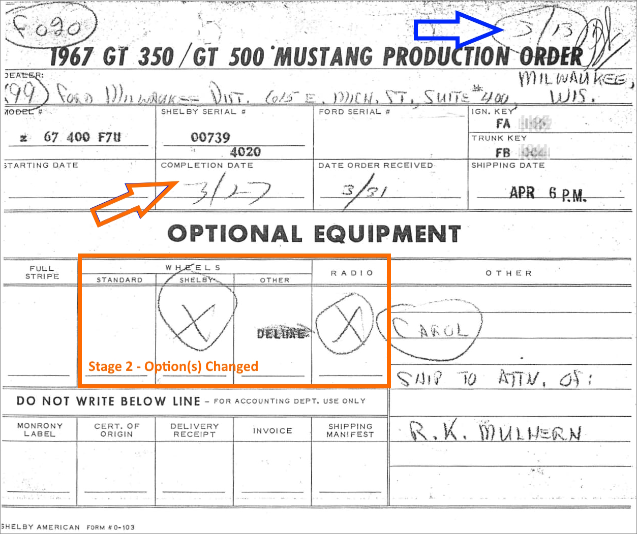 1967 Shelby GT Production Order - annotated for two completion dates