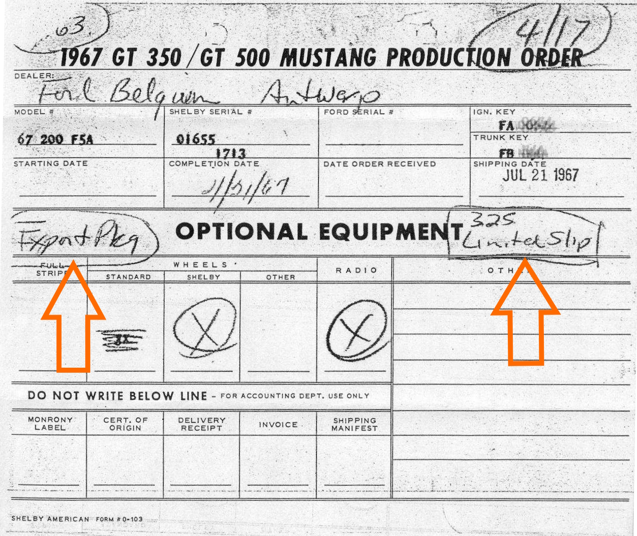 1967 Shelby GT Production Order With Export Package and Limited Slip Rear Exle
