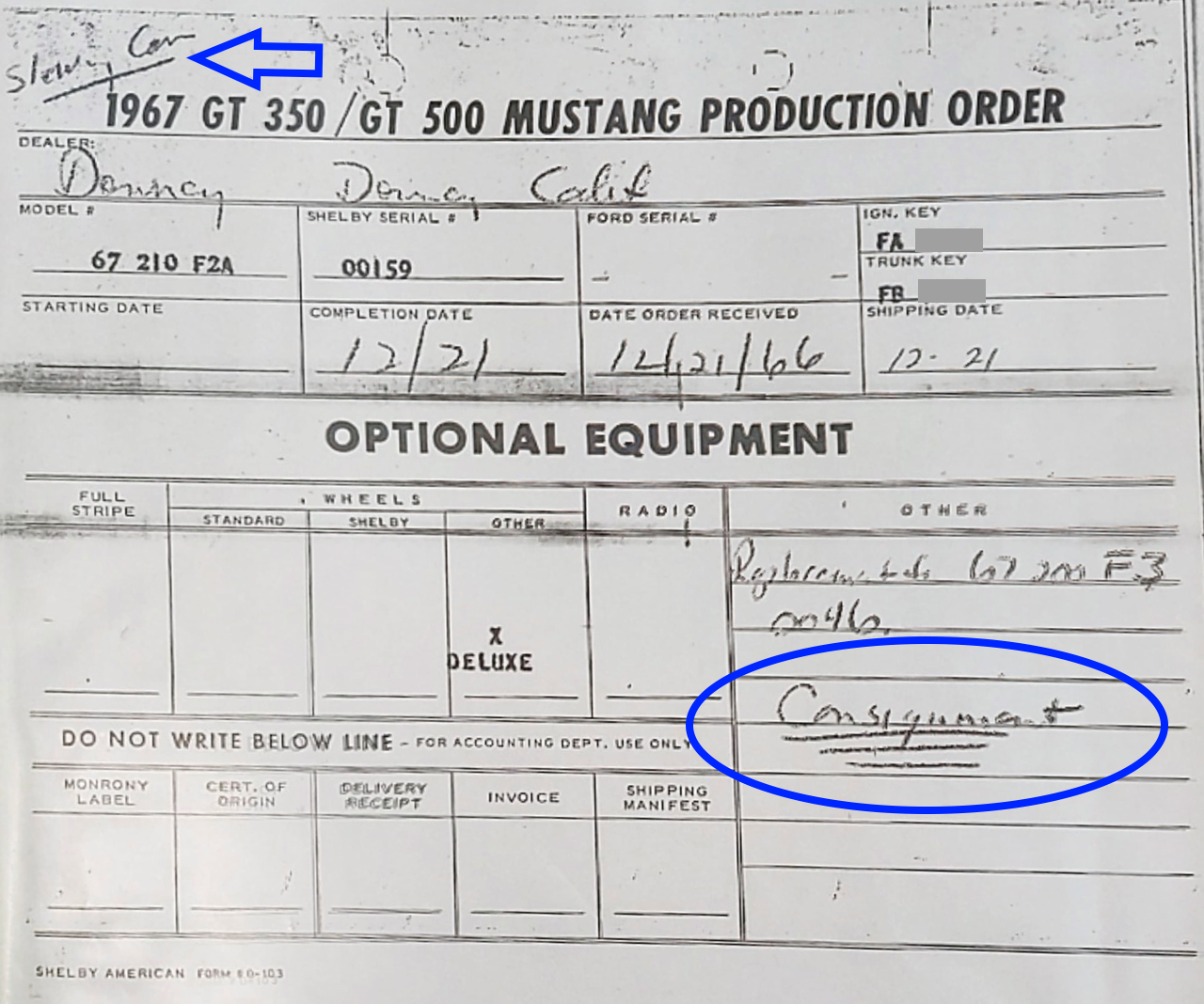 Production Order for a consigned 1967 Shelby GT