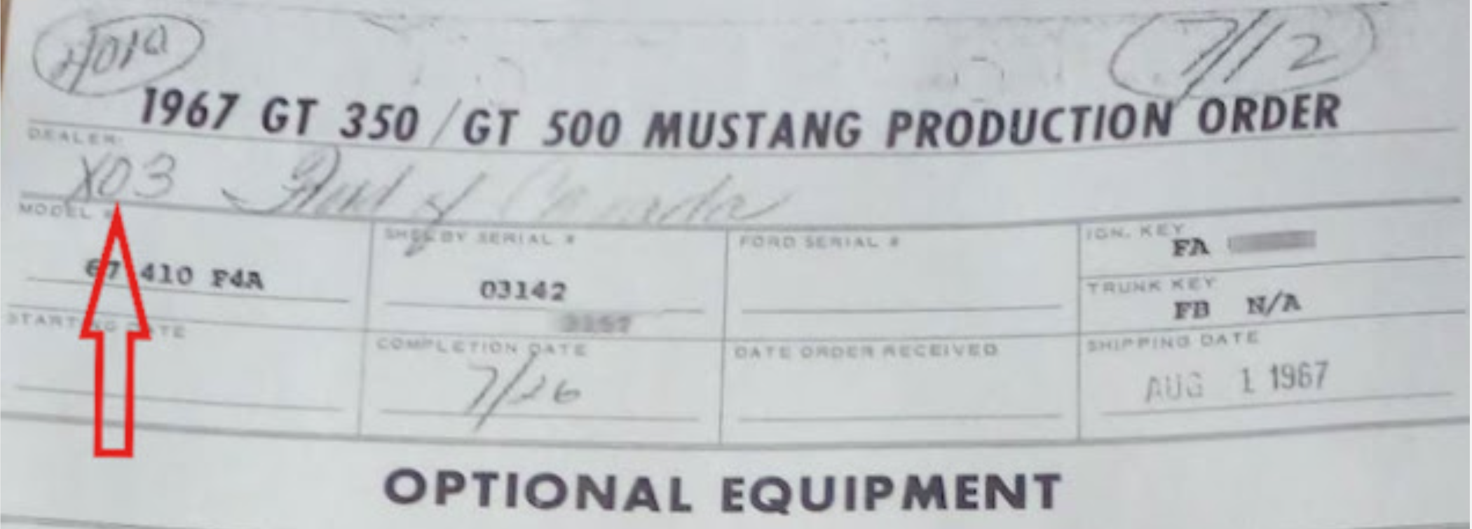 1967 Shelby GT Production Order with X03 Ford of Canada Designation.