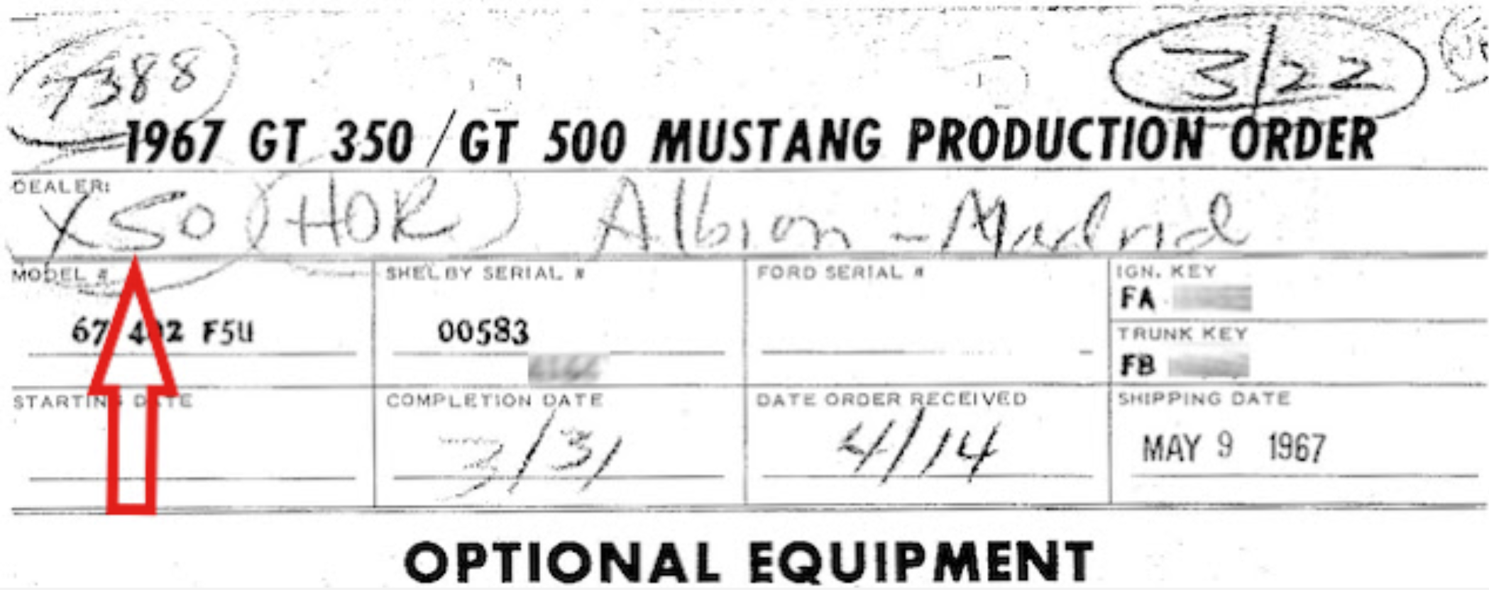 1967 Shelby GT Production Order with X50 Designation