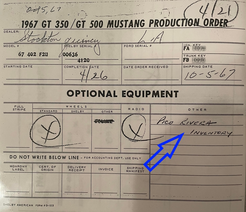 1967 Shelby GT Production Order Showing Regional Inventory