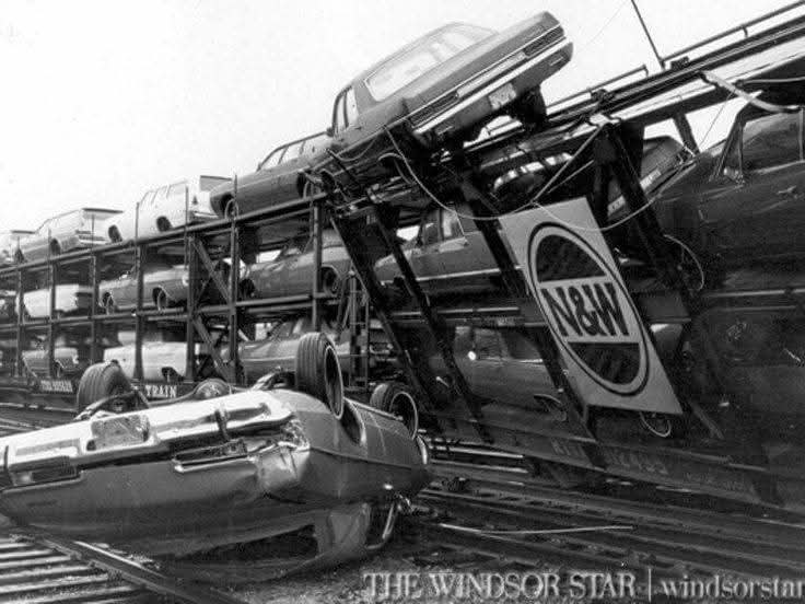 Example of cars damaged in railroad derailment