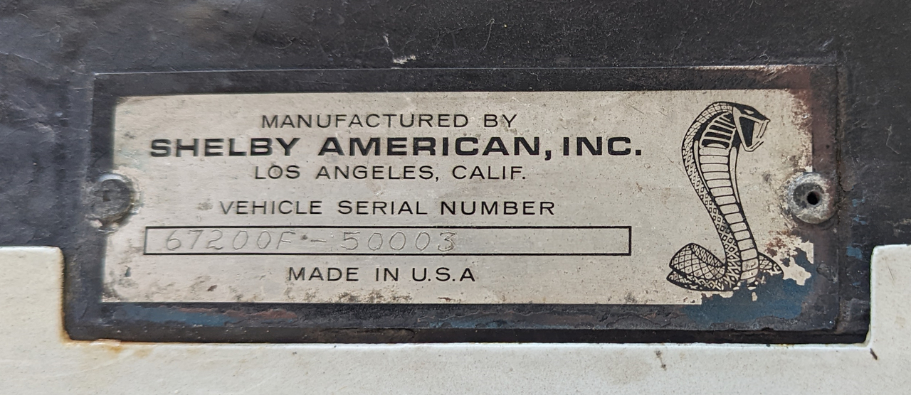 Hand-engraved VIN plate on 1967 Shelby GT 350 #0003
