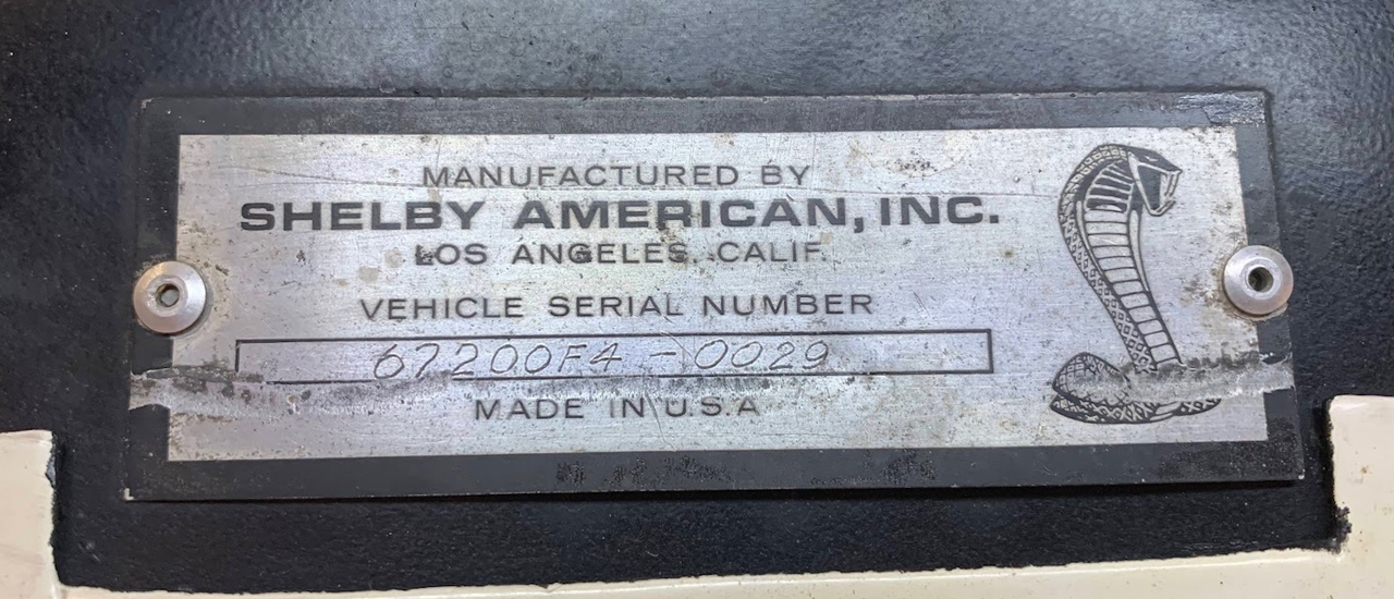 Hand-engraved VIN plate on 1967 Shelby GT 350 #0029