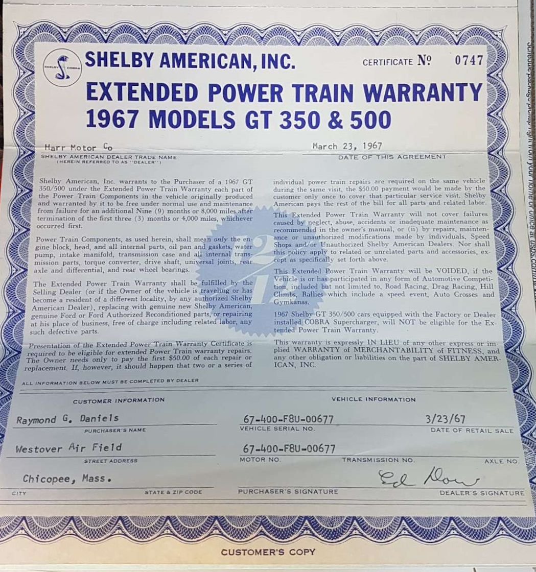 1967 Shelby GT Extended Power Train Warranty Certificate